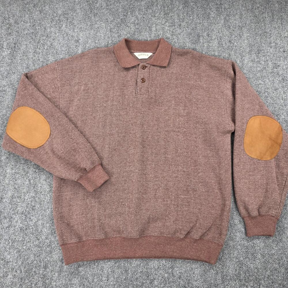 Orvis Sweater Mens XL Brown Herringbone Collared Knit Pullover Elbow Patches
